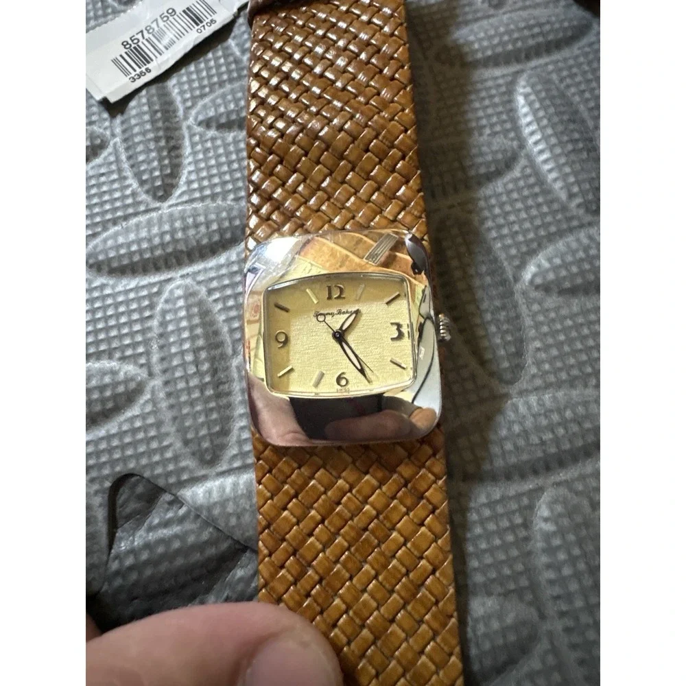 Tommy Bahama TB 2041 Ladies Wide Woven Brown Leather Band Watch Sterling Silver